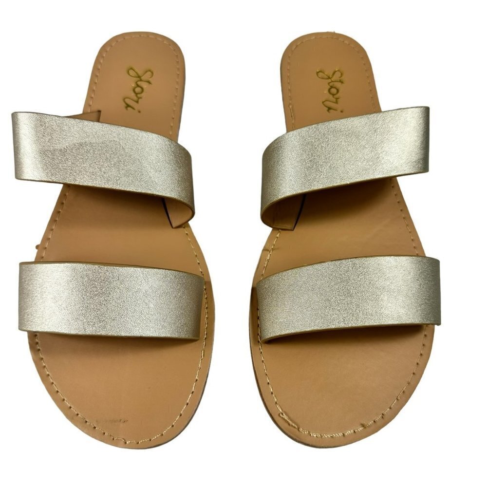 Gold Metallic Double Wide‎ Straps Slide Sandal Women's Slip on Size 8